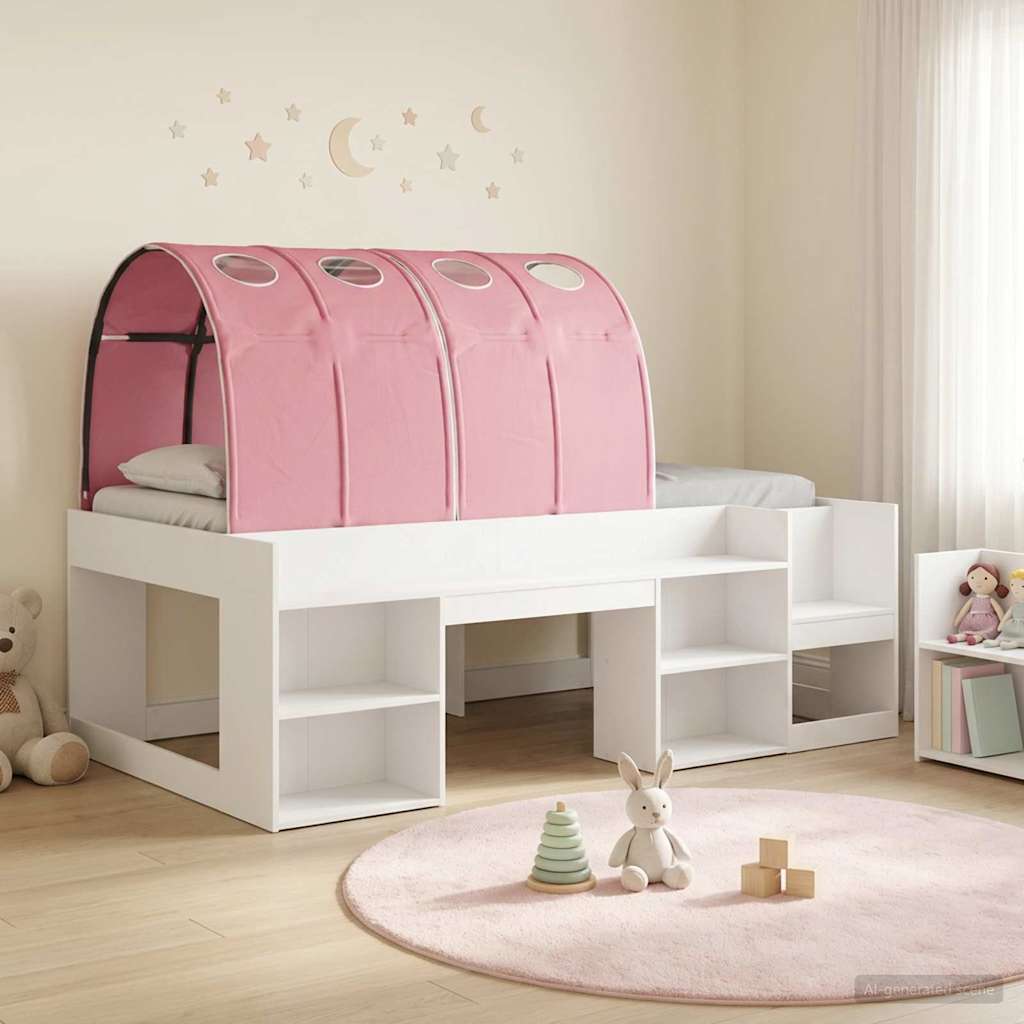 Bed met Tunnel met plank 3 st Wit en Roze Bewerkt hout – afbeelding 1