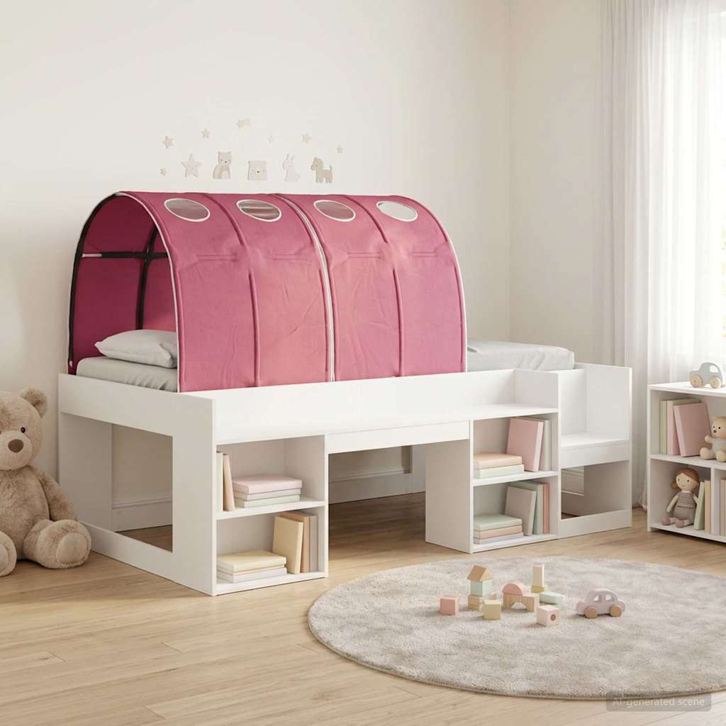 Bed met Tunnel met plank 3 st Wit en Rood Bewerkt hout