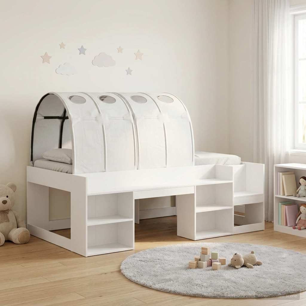 Bed met Tunnel met plank met opslag 3 st Wit Bewerkt hout – afbeelding 1