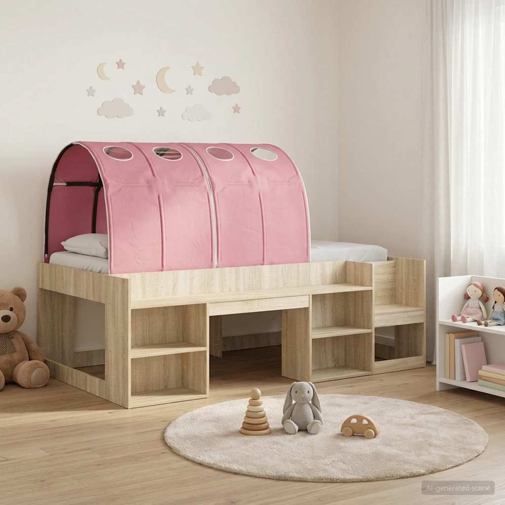 Bed met Tunnel met plank 3 st Sonoma en Roze Bewerkt hout – afbeelding 1
