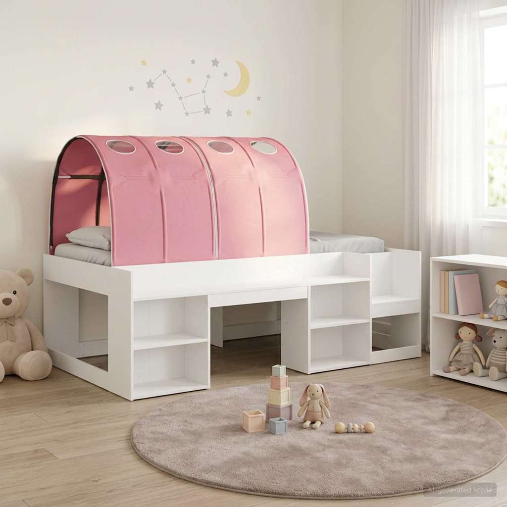 Hoge Bedframe voor Kinderen met Opslag 3 st Wit en Roze – afbeelding 1