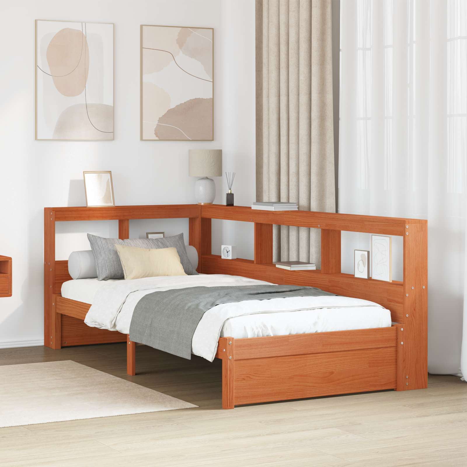 Boekenkast Bed met hoofdeinde met opslag Massief Vurenhout – afbeelding 1