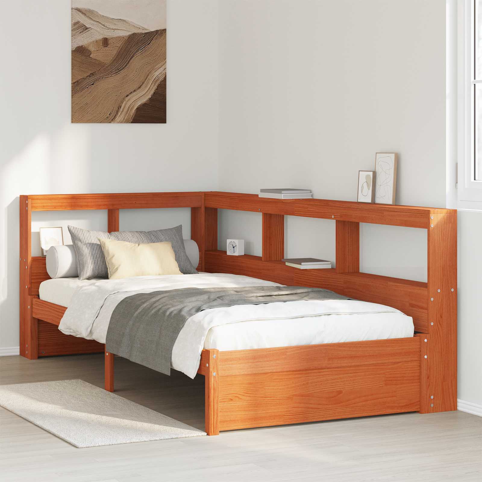 Boekenkast Bed met hoofdeinde met opslag Massief Vurenhout – afbeelding 1