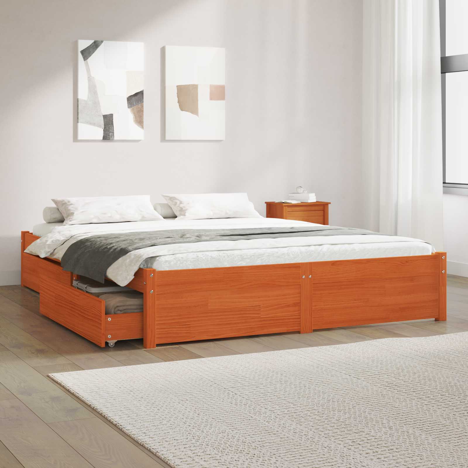 Bedframe met lade met opslag Massief Vurenhout – afbeelding 1