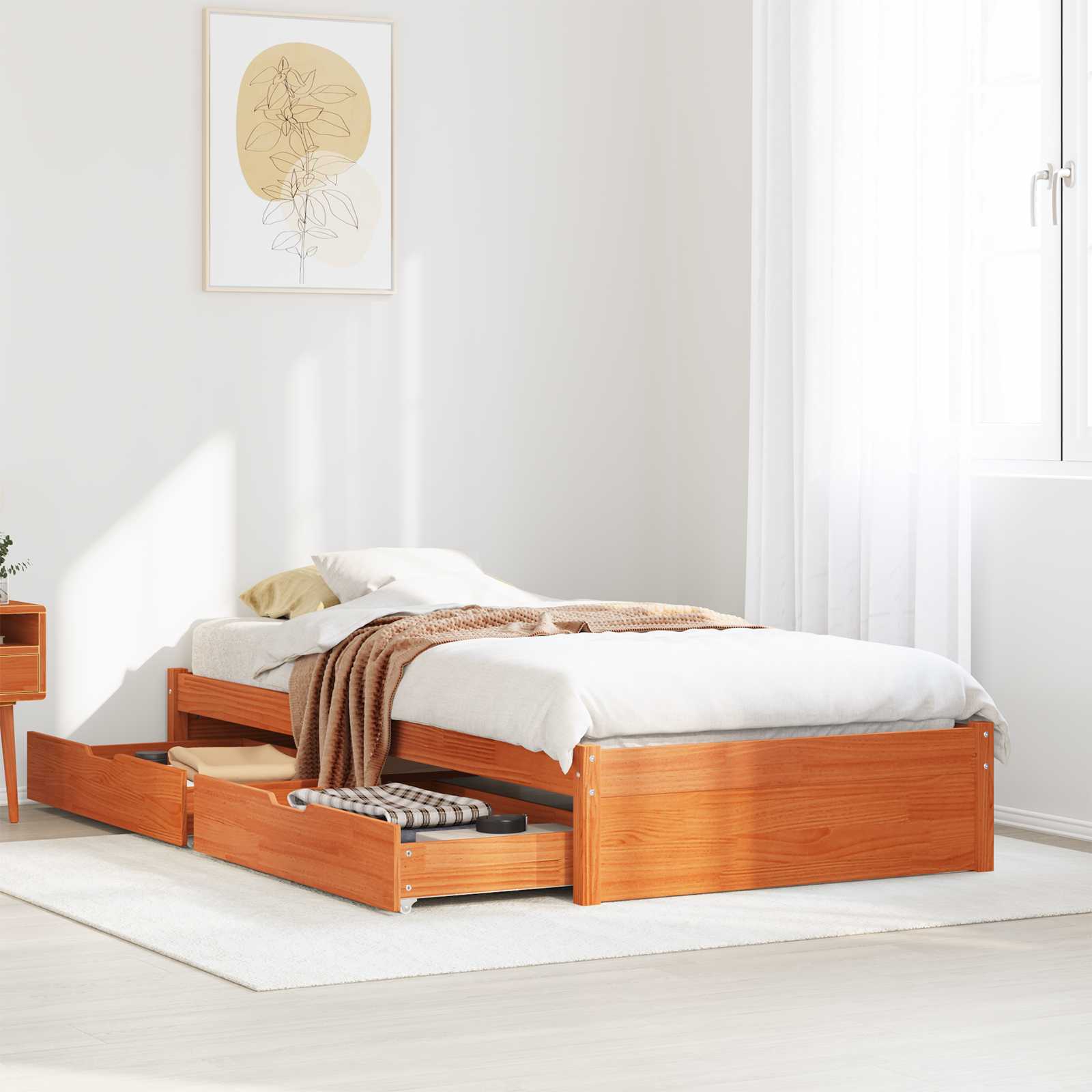 Bedframe met lade met opslag Wasbruin Massief Vurenhout – afbeelding 1