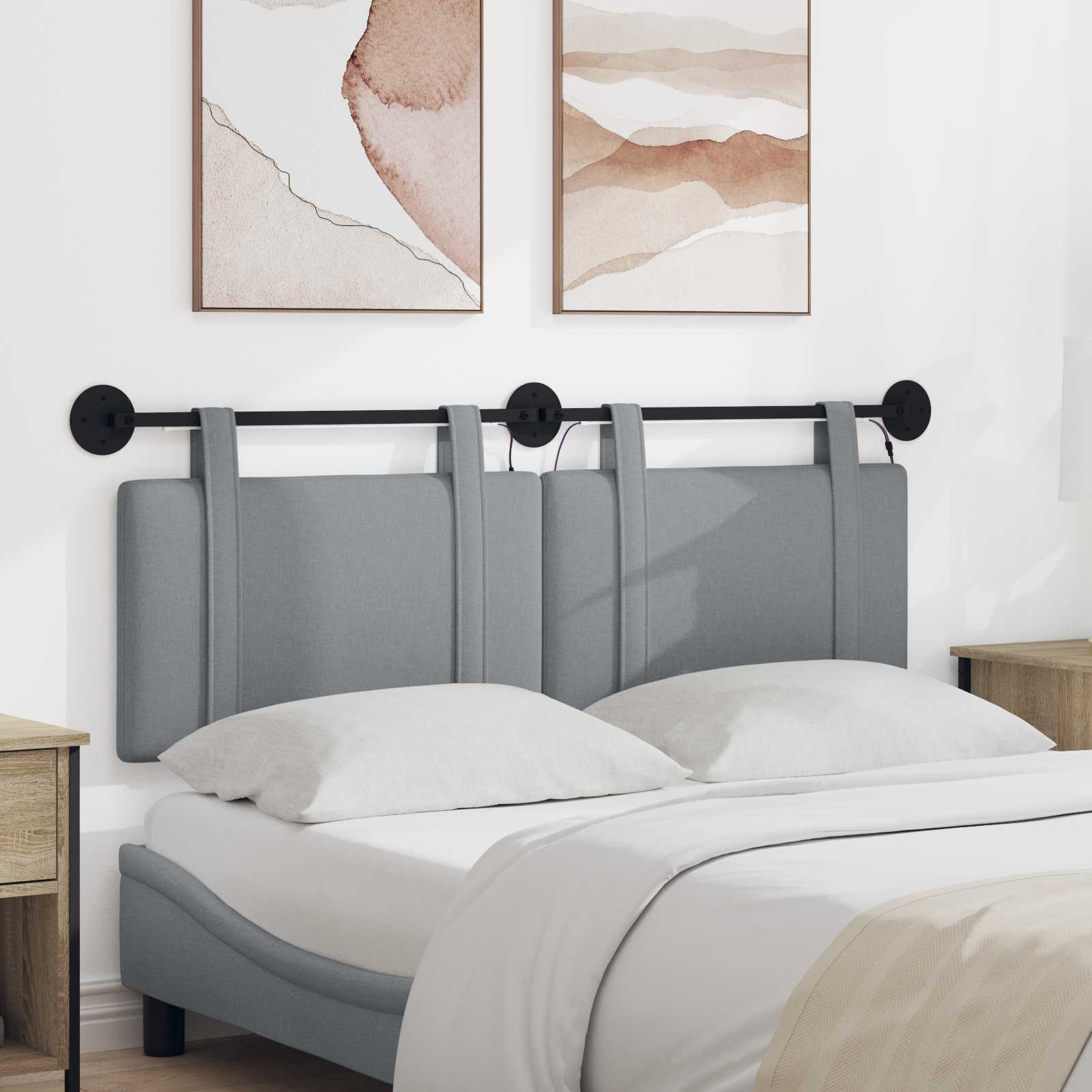 Hangend hoofdbord Met LED-verlichting Lichtgrijs Stof – afbeelding 1