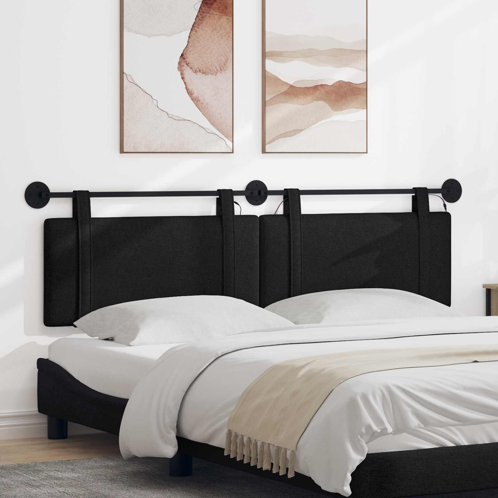 Hangend hoofdbord Met LED-verlichting Zwart Stof – afbeelding 1