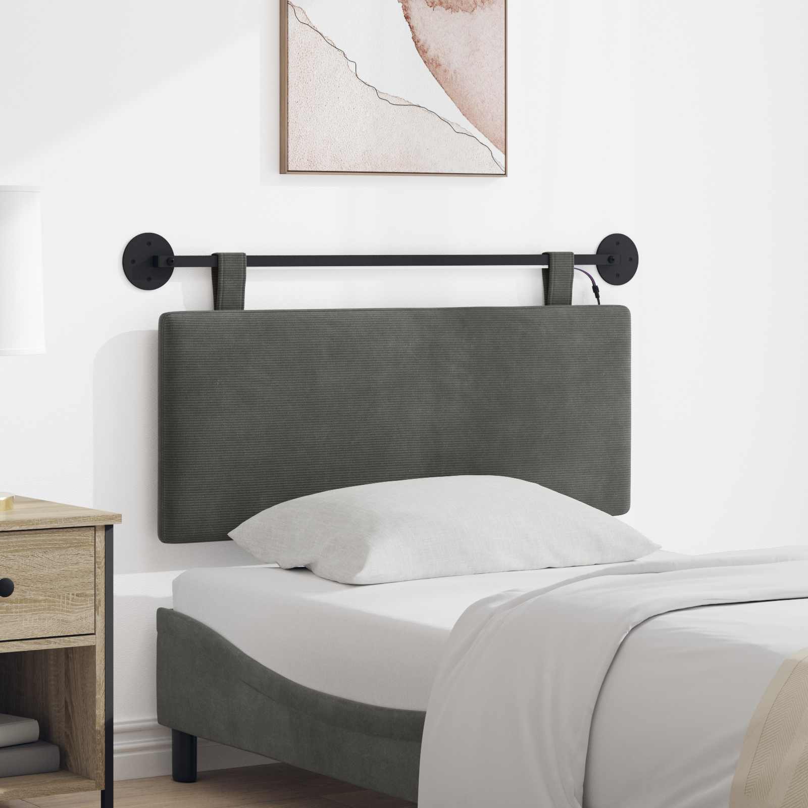 Hangend hoofdbord Met LED-verlichting Donkergrijs Katoen Stof – afbeelding 1