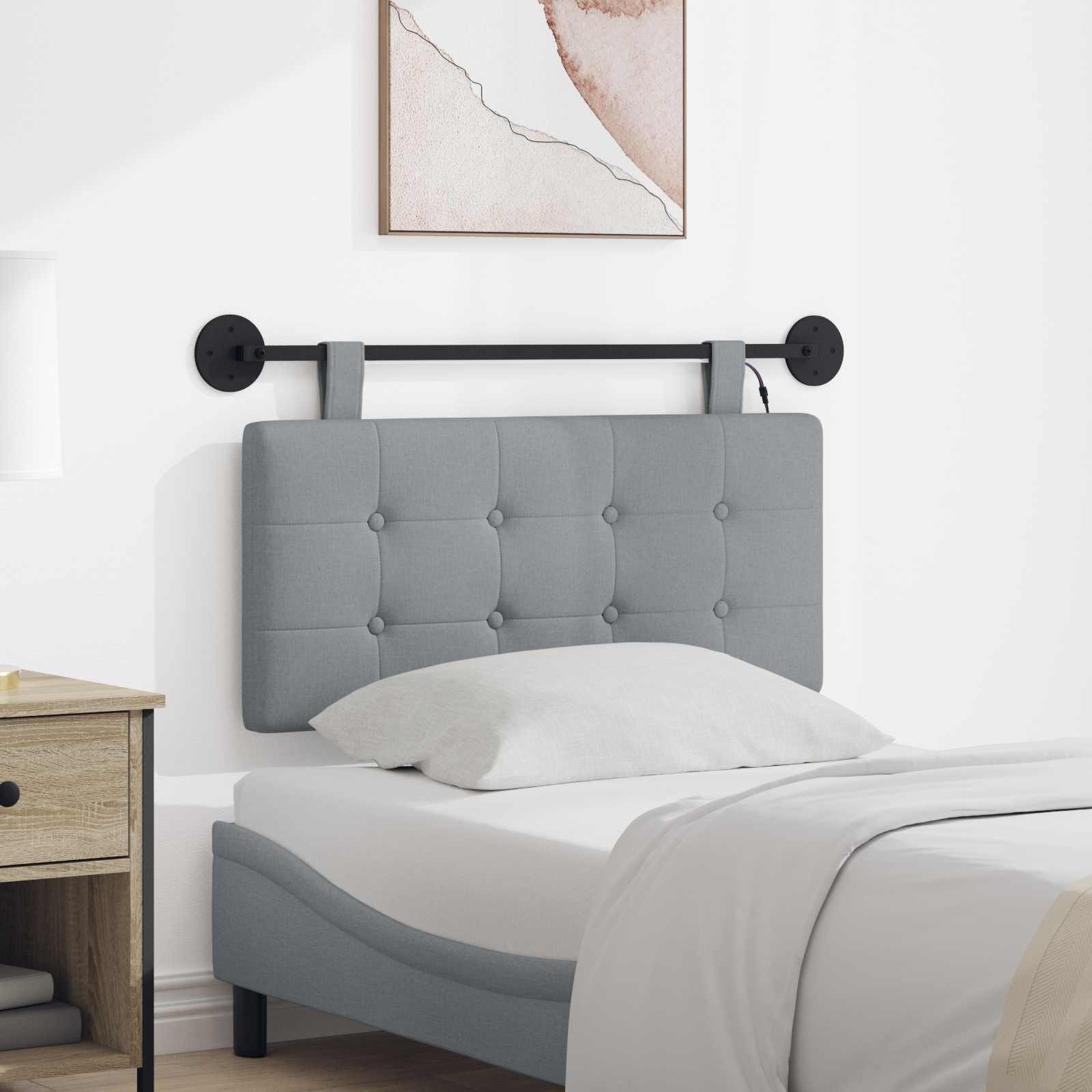 Hangend hoofdbord Met LED-verlichting Lichtgrijs Stof – afbeelding 1
