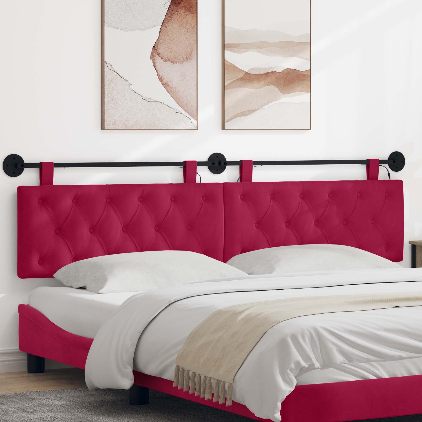 Hangend hoofdbord Met LED-verlichting Wijnrood Fluweel – afbeelding 1