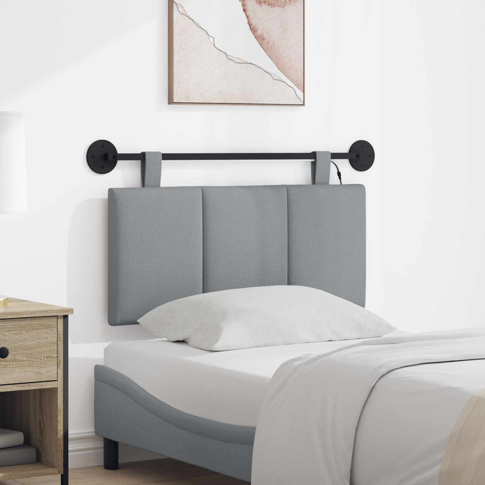 Hangend hoofdbord Met LED-verlichting Lichtgrijs Stof – afbeelding 1