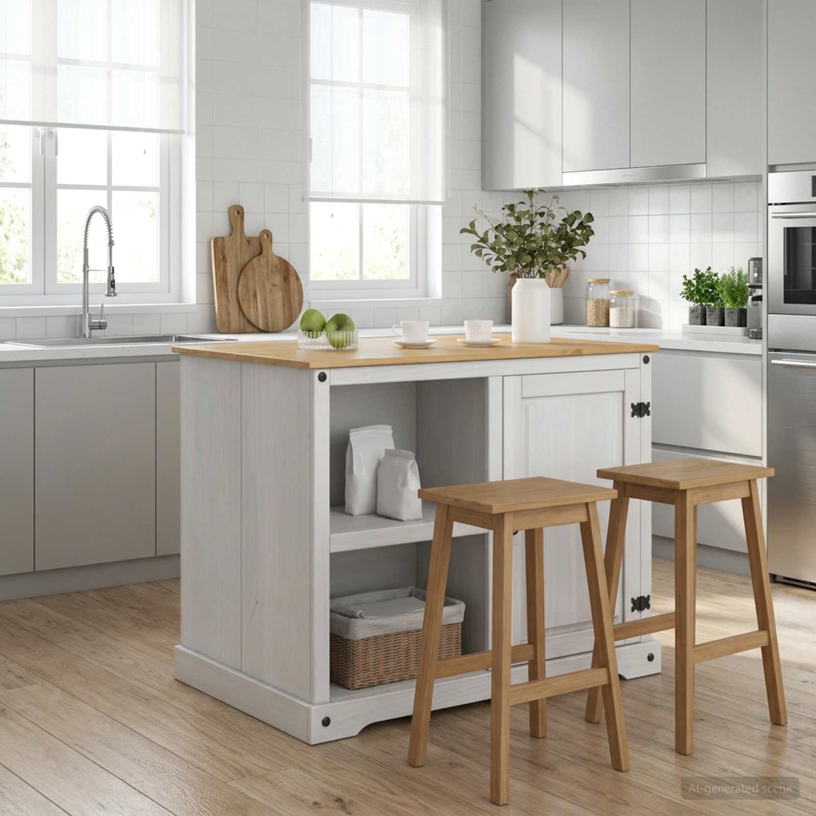 Keuken Trolley 2 pcs Wit en Honing Was 112 x 77 x 91,5 cm