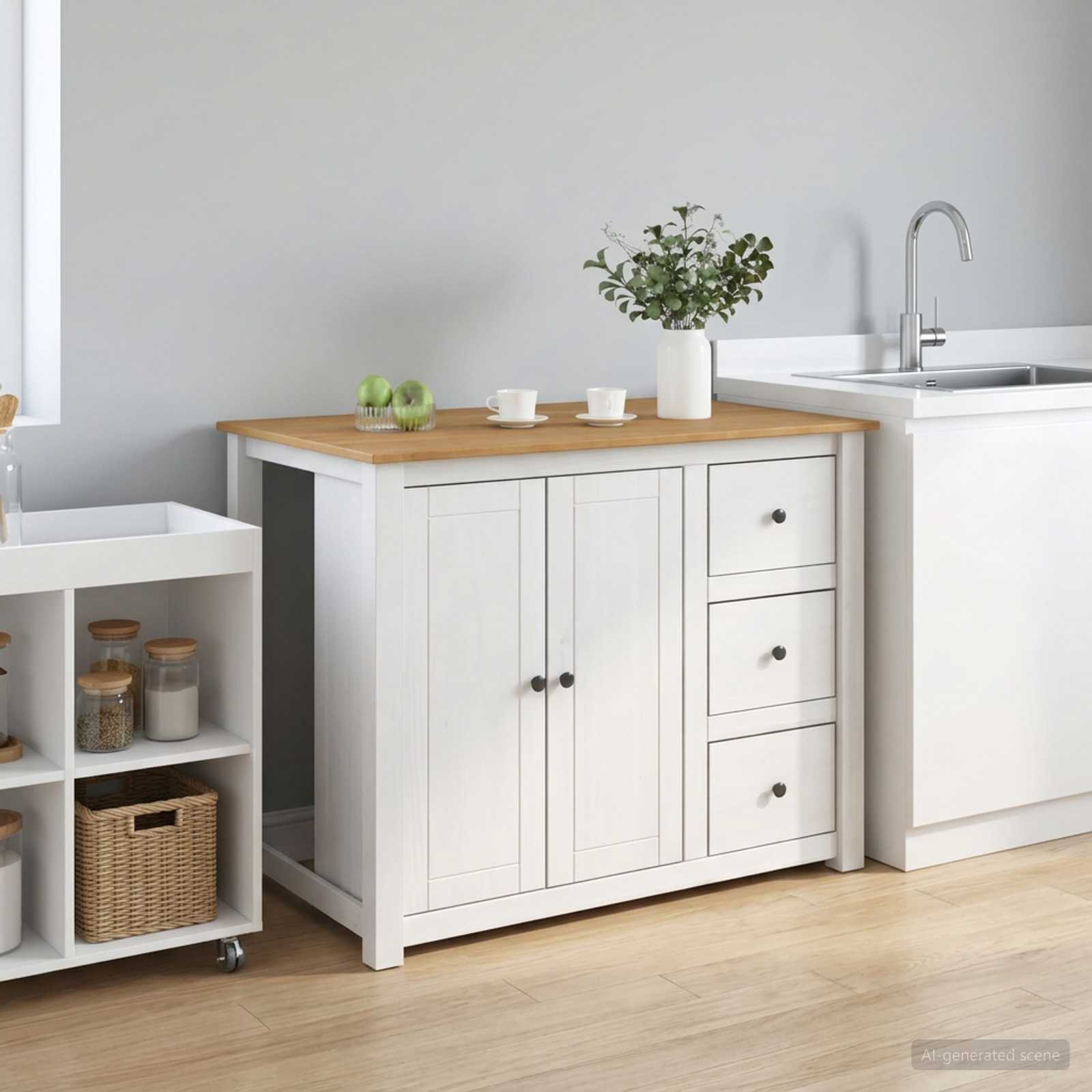 Keuken Trolley PANAMA 2 pcs Wit en Honing Was 112 x 77 x 90 cm