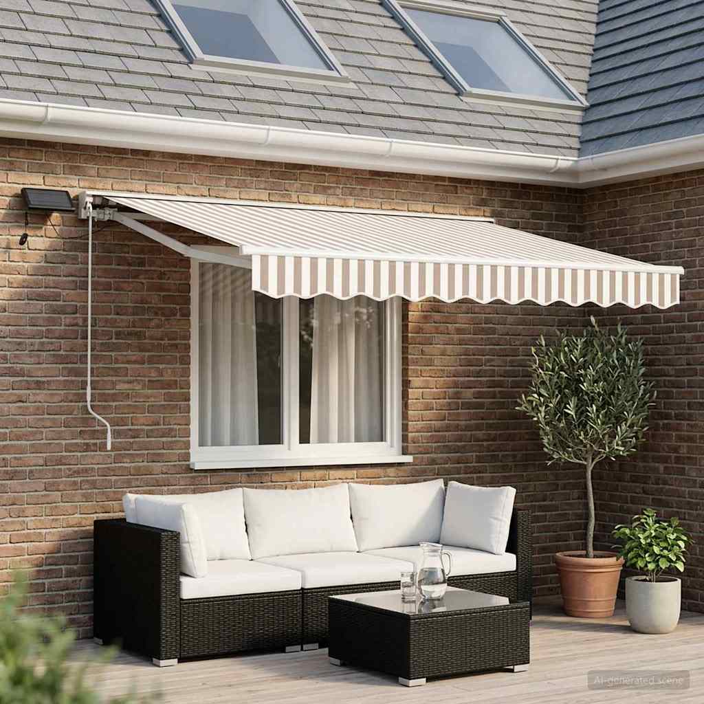 Handmatige Luifelhouder met LED's Lichtgrijs en wit. 3,5 x 2 m