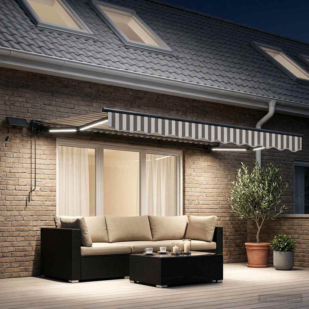 Handmatige Luifelhouder met LED's Lichtgrijs en wit. 3,5 x 2 m