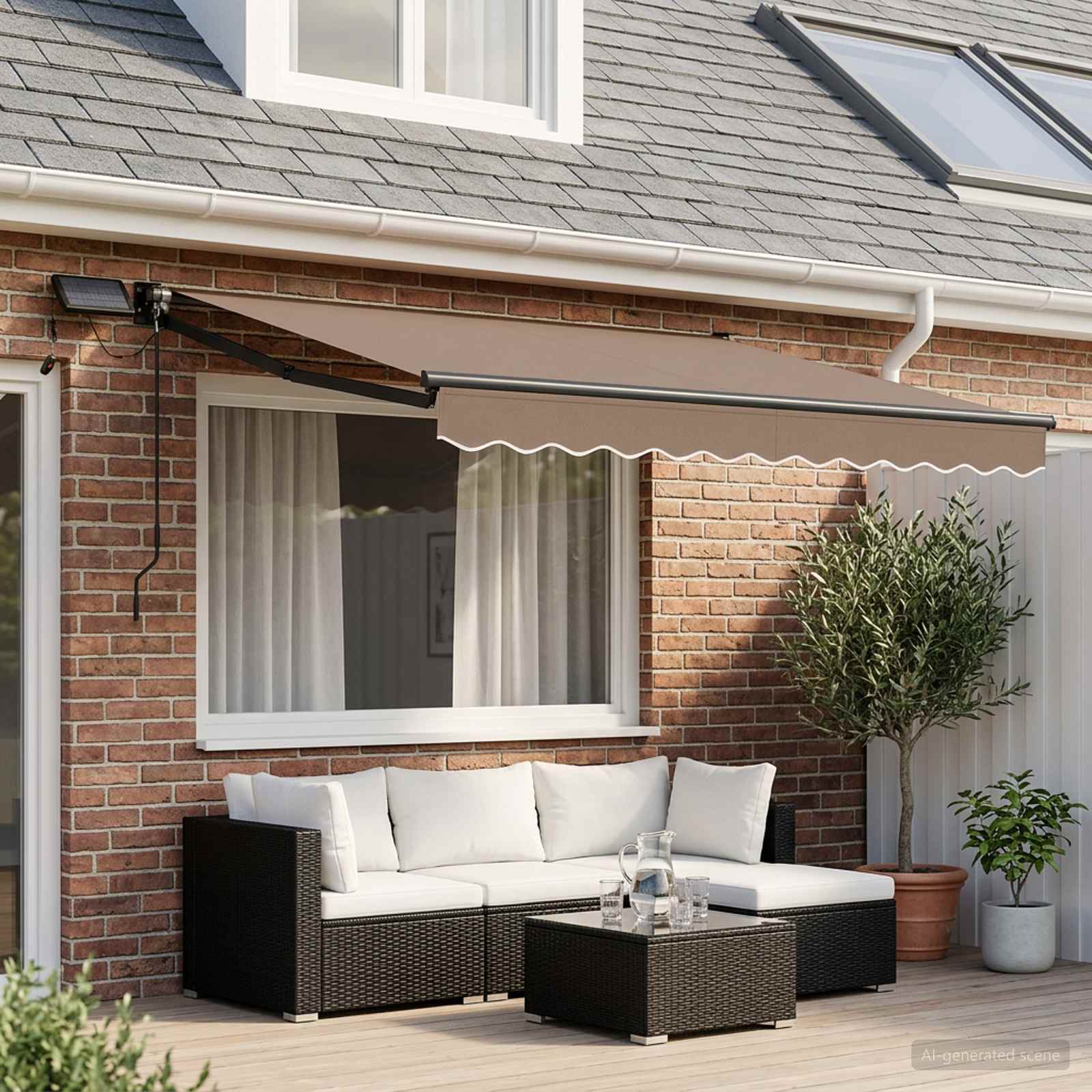 Handbediende luifel met LED's Taupe 100% Polyester en Aluminium