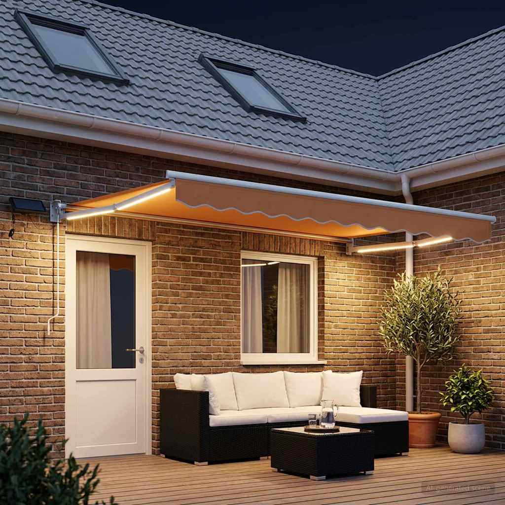 Handbediende luifel met LED's Zand 100% Polyester en Aluminium