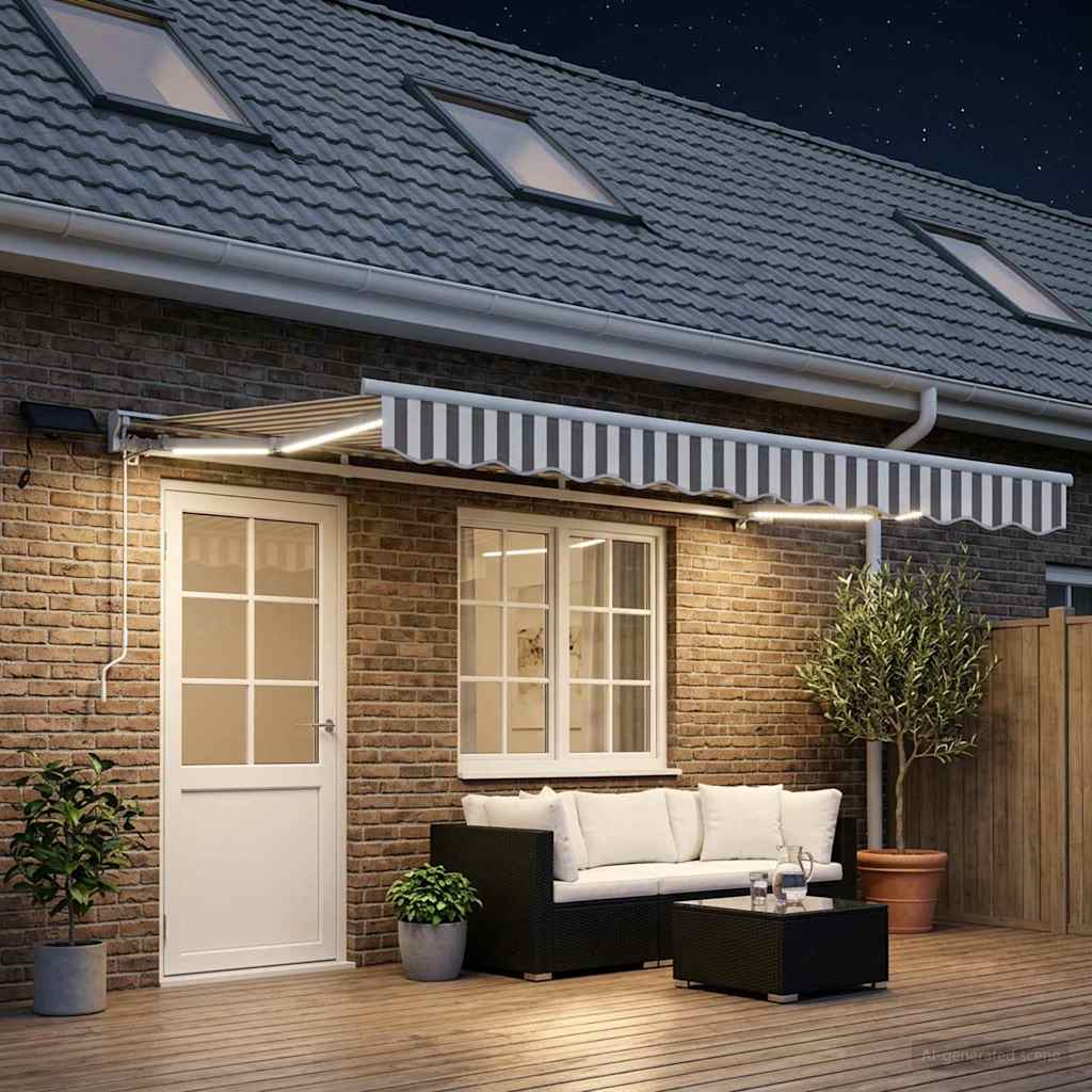 Handmatige Luifelhouder met LED's Lichtgrijs en wit. 4 × 3,5 m
