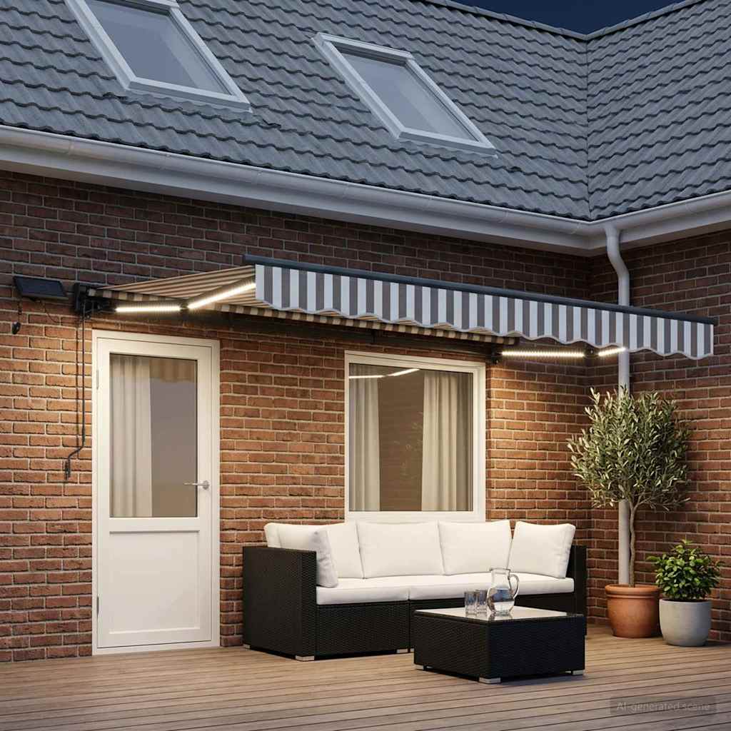 Handmatige Luifelhouder met LED's Lichtgrijs en wit. 4 × 3,5 m