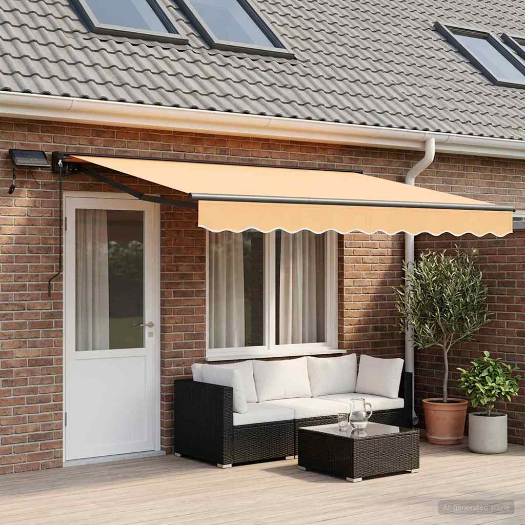 Handmatige Luifelhouder met LED's Zand 4 × 3,5 m – afbeelding 1