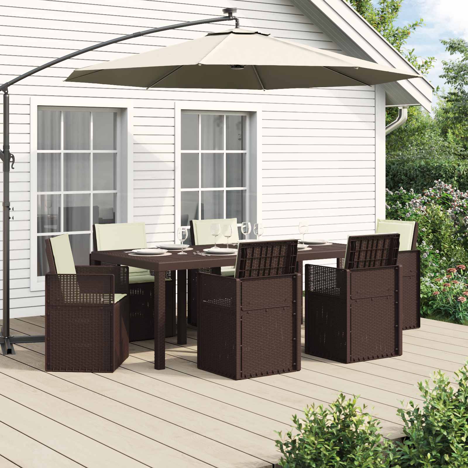 Tuin eettafelset met kussen 7 pcs Bruin en crèmekleurig PP – afbeelding 1