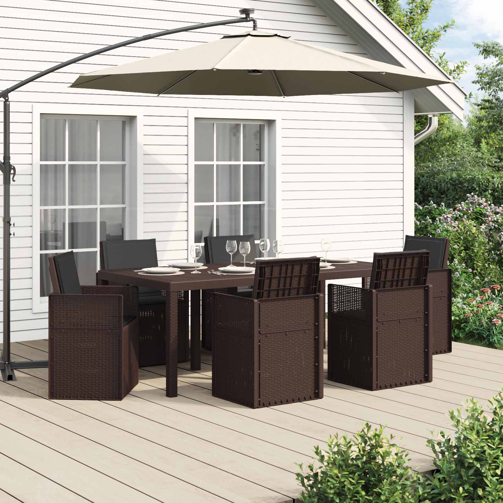 Tuin eettafelset met kussen 7 pcs Bruin en antracietkleurig PP – afbeelding 1