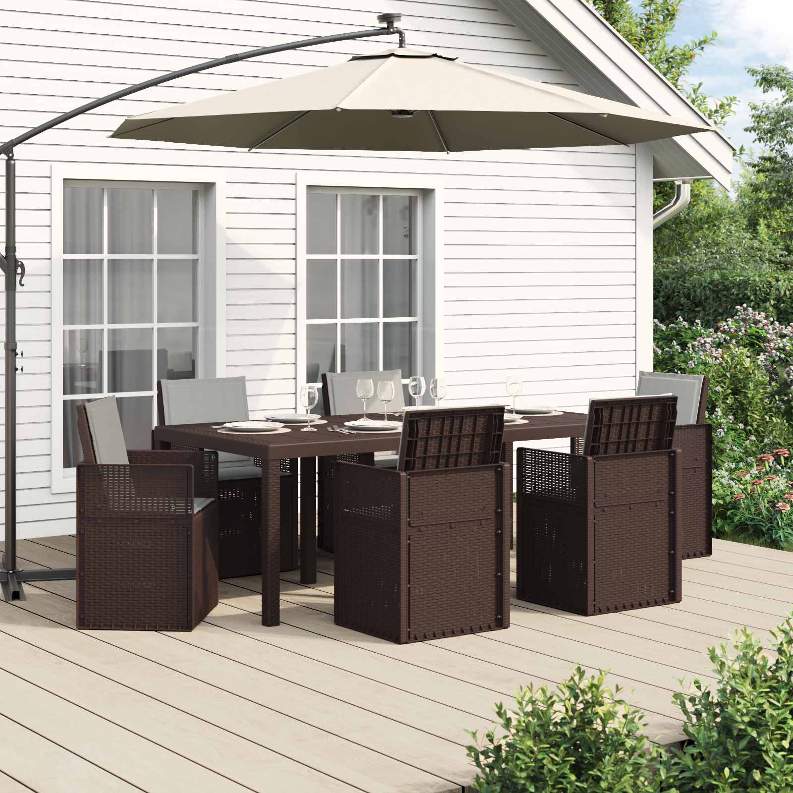 Tuin eettafelset met kussen 7 pcs Bruin en lichtgrijs PP – afbeelding 1