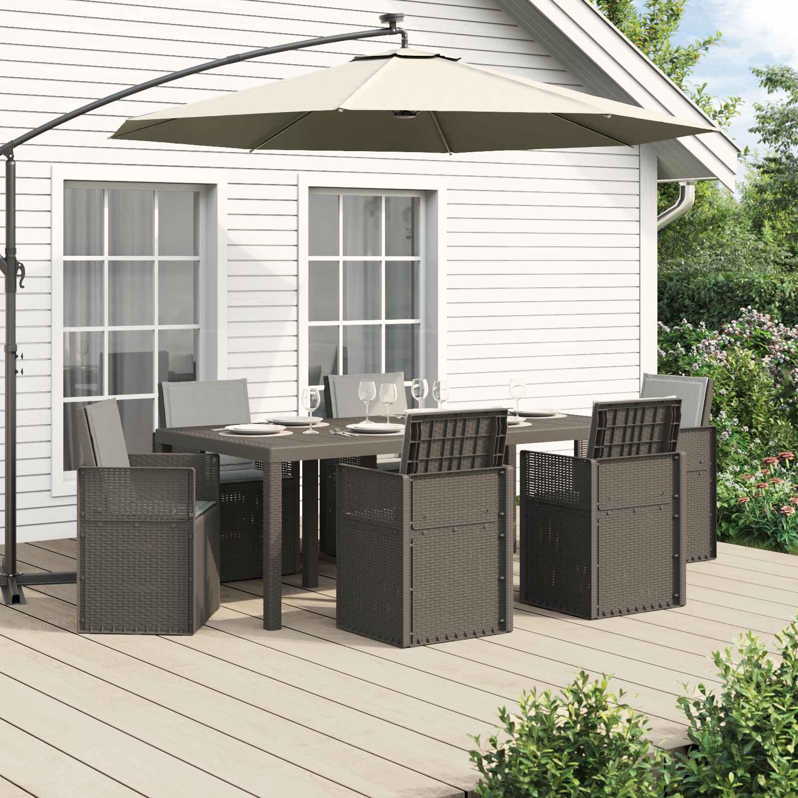Tuin eettafelset met kussen 7 pcs Lichtgrijs PP – afbeelding 1