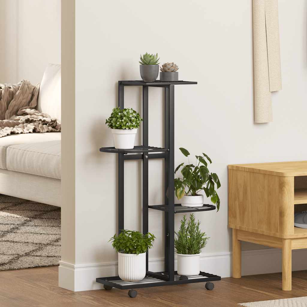 Bloemenstandaard met wielen 4-laags 44x23x80 cm ijzer zwart
