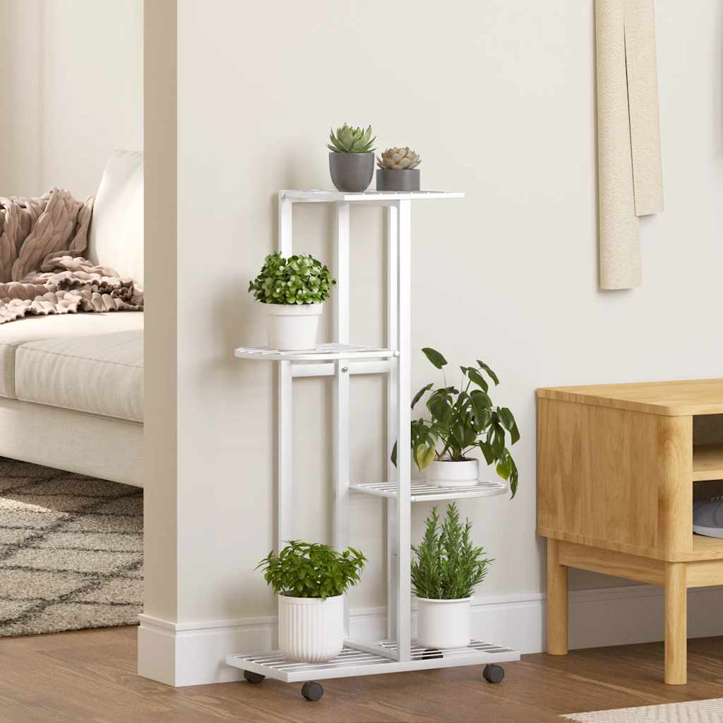 Bloemenstandaard met wielen 4-laags 44x23x80 cm ijzer wit