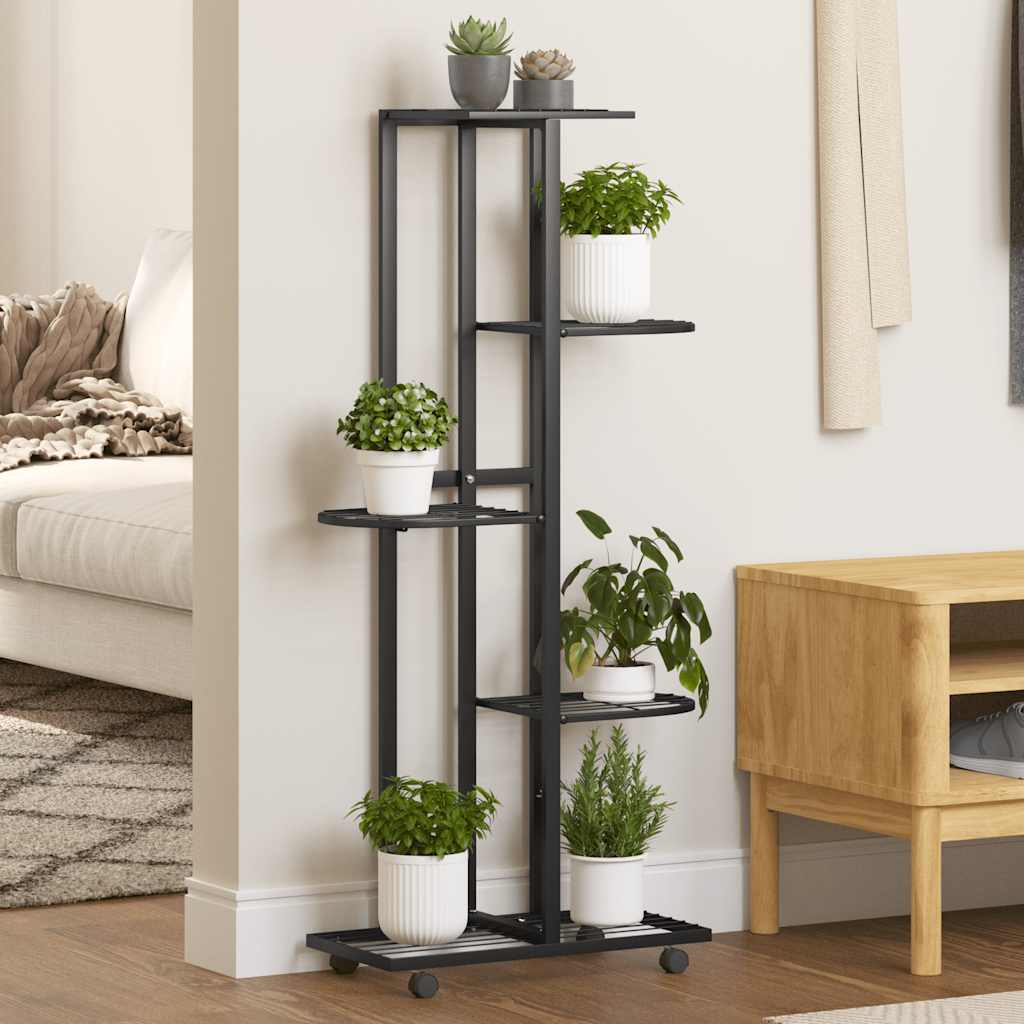 Bloemenstandaard met wielen 5-laags 44x23x100 cm ijzer zwart