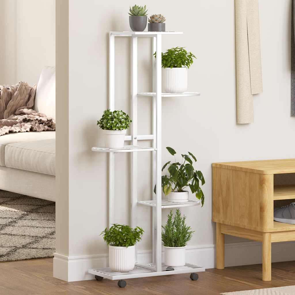 Bloemenstandaard met wielen 5-laags 44x23x100 cm ijzer wit