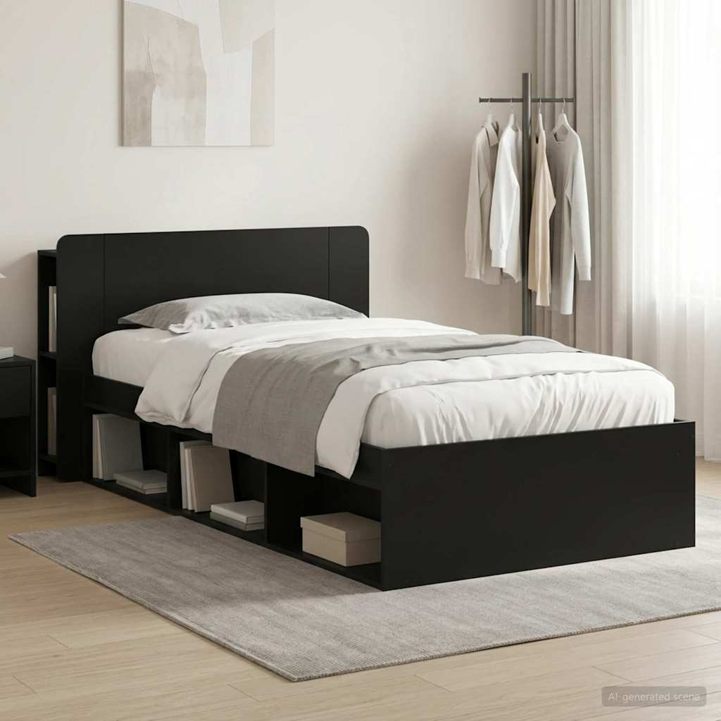 Bedframe met opslag Zwart 75 x 190 cm Bewerkt hout – afbeelding 1