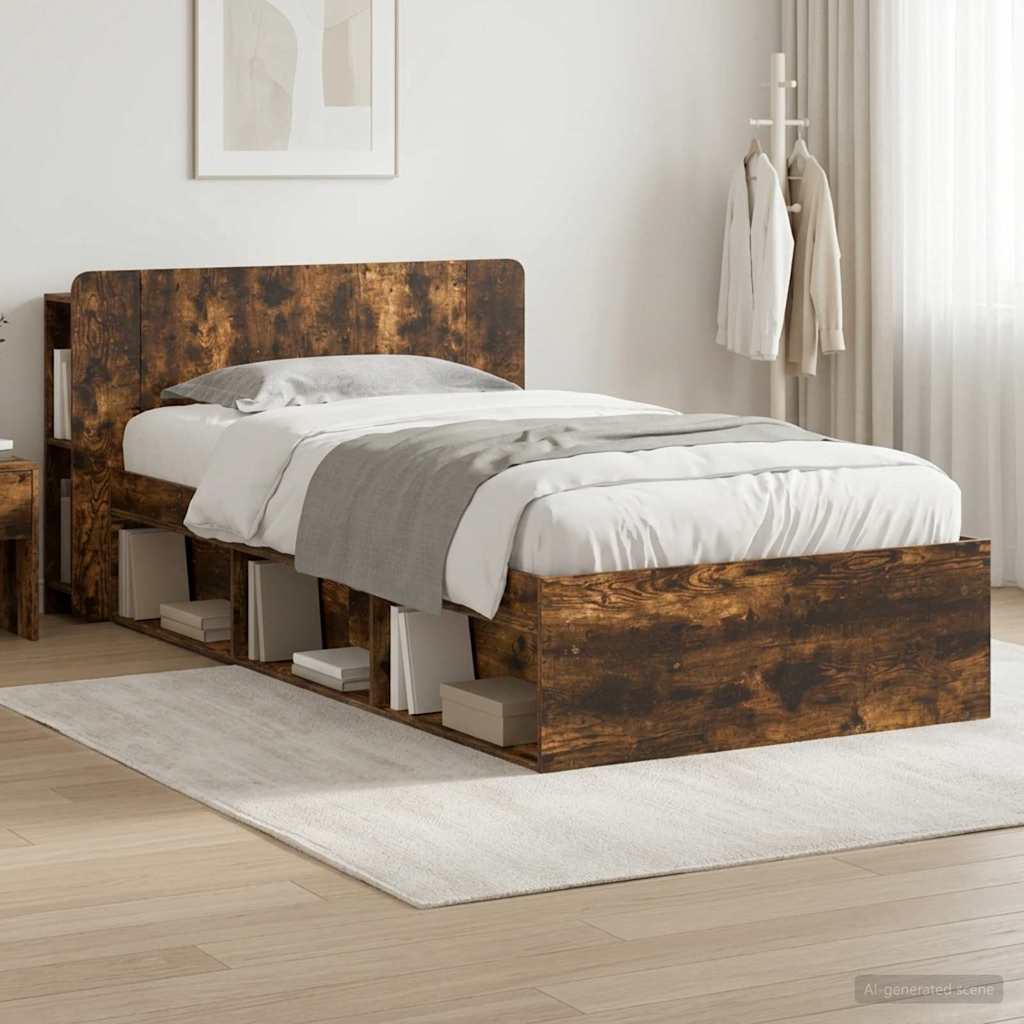 Bedframe met opslag Gerookt eiken 75 x 190 cm Bewerkt hout – afbeelding 1