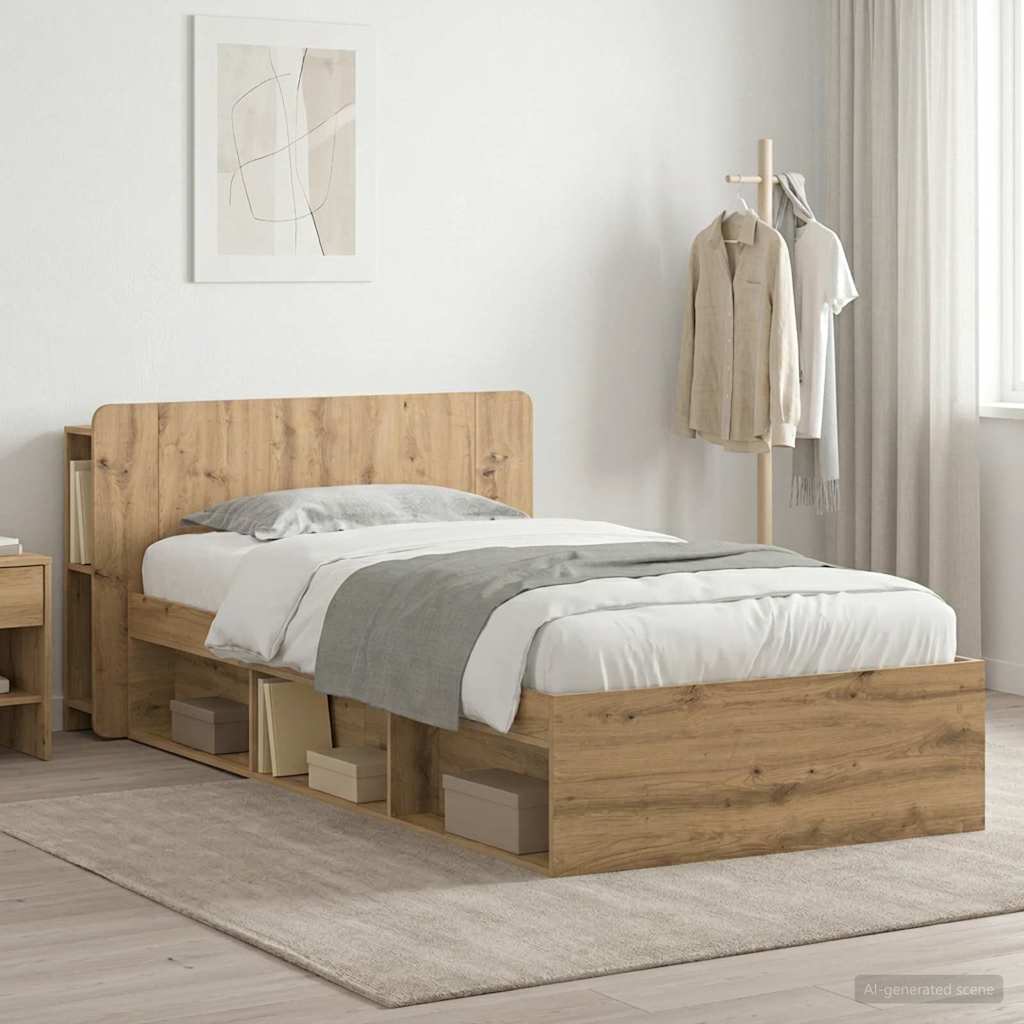 Bedframe met opslag Artisanaal eiken 90 x 190 cm Bewerkt hout