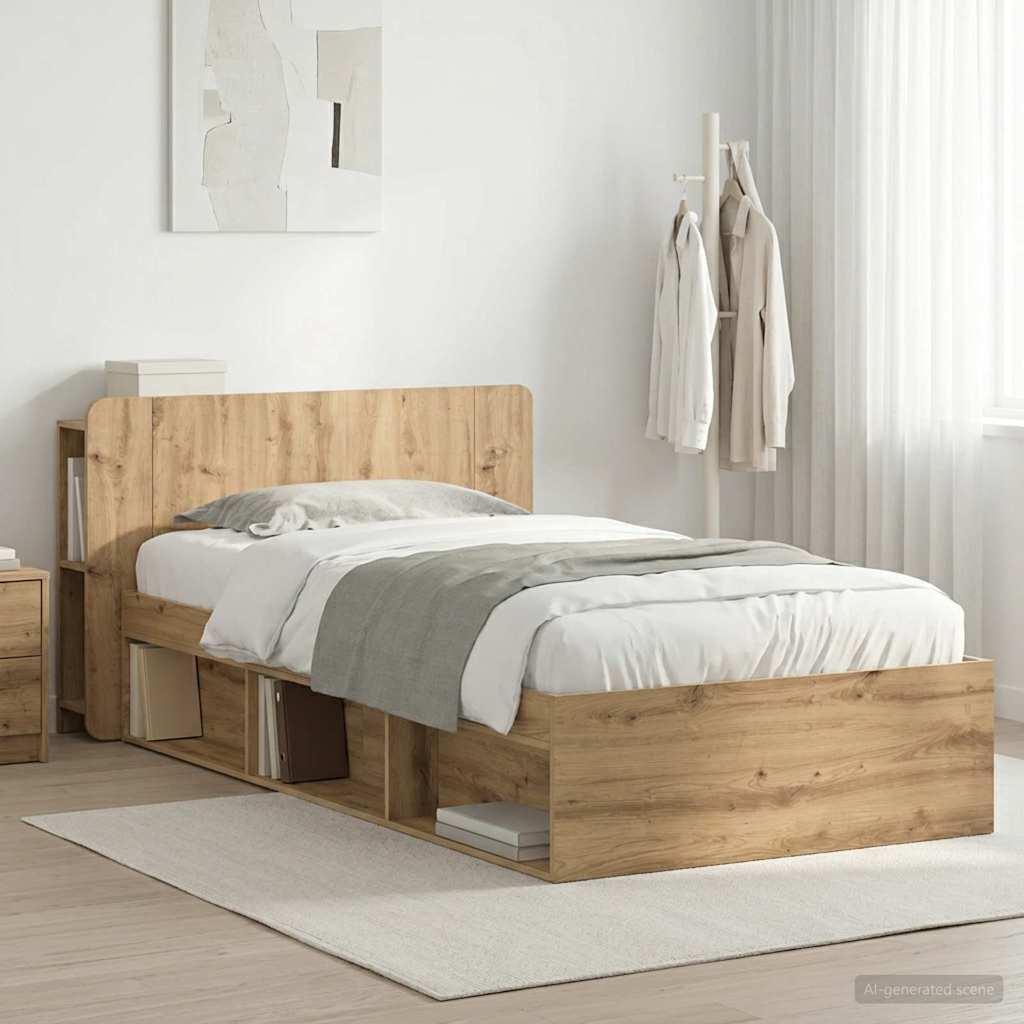 Bedframe met opslag Artisanaal eiken 100 x 200 cm Bewerkt hout