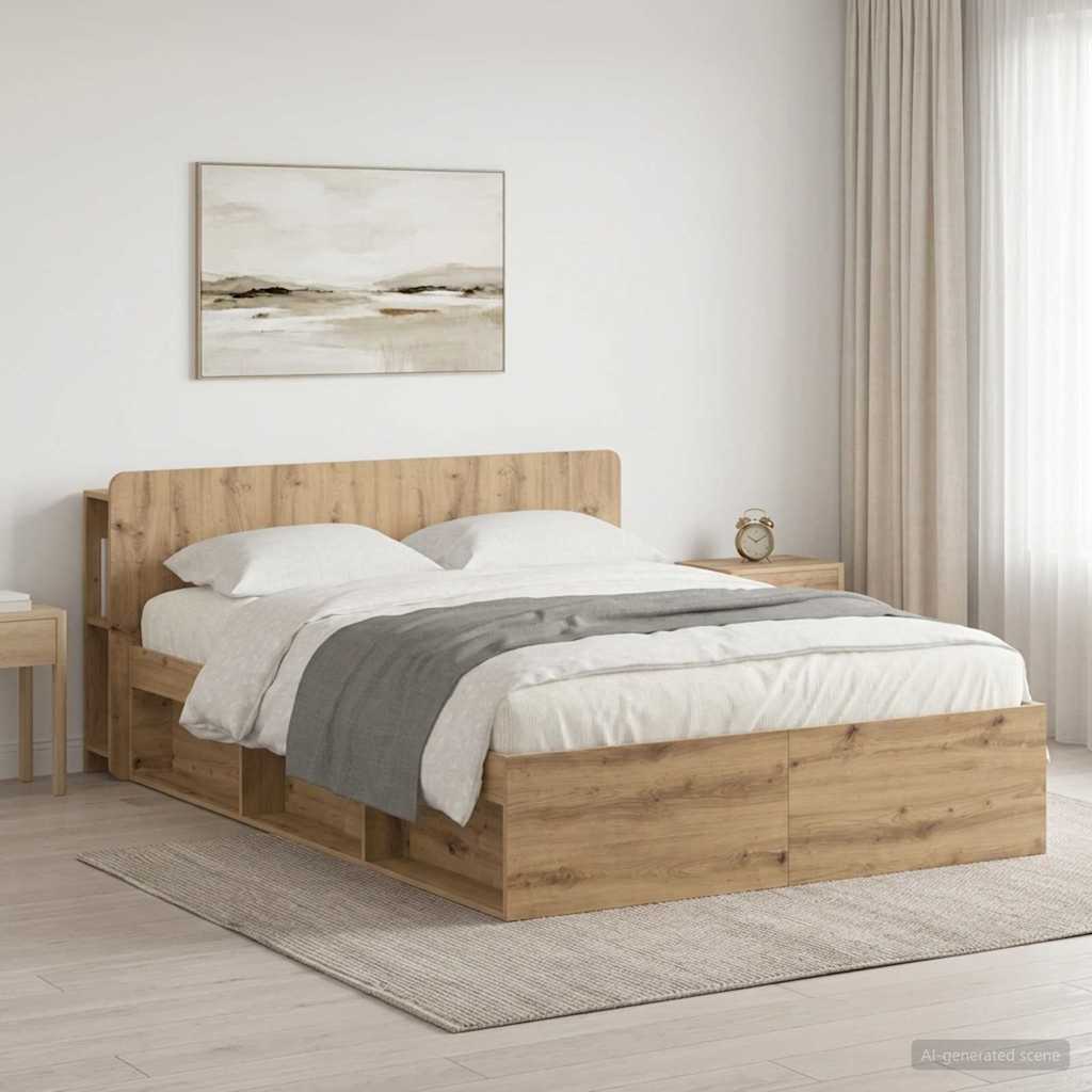 Bedframe met opslag Artisanaal eiken 135 x 190 cm Bewerkt hout
