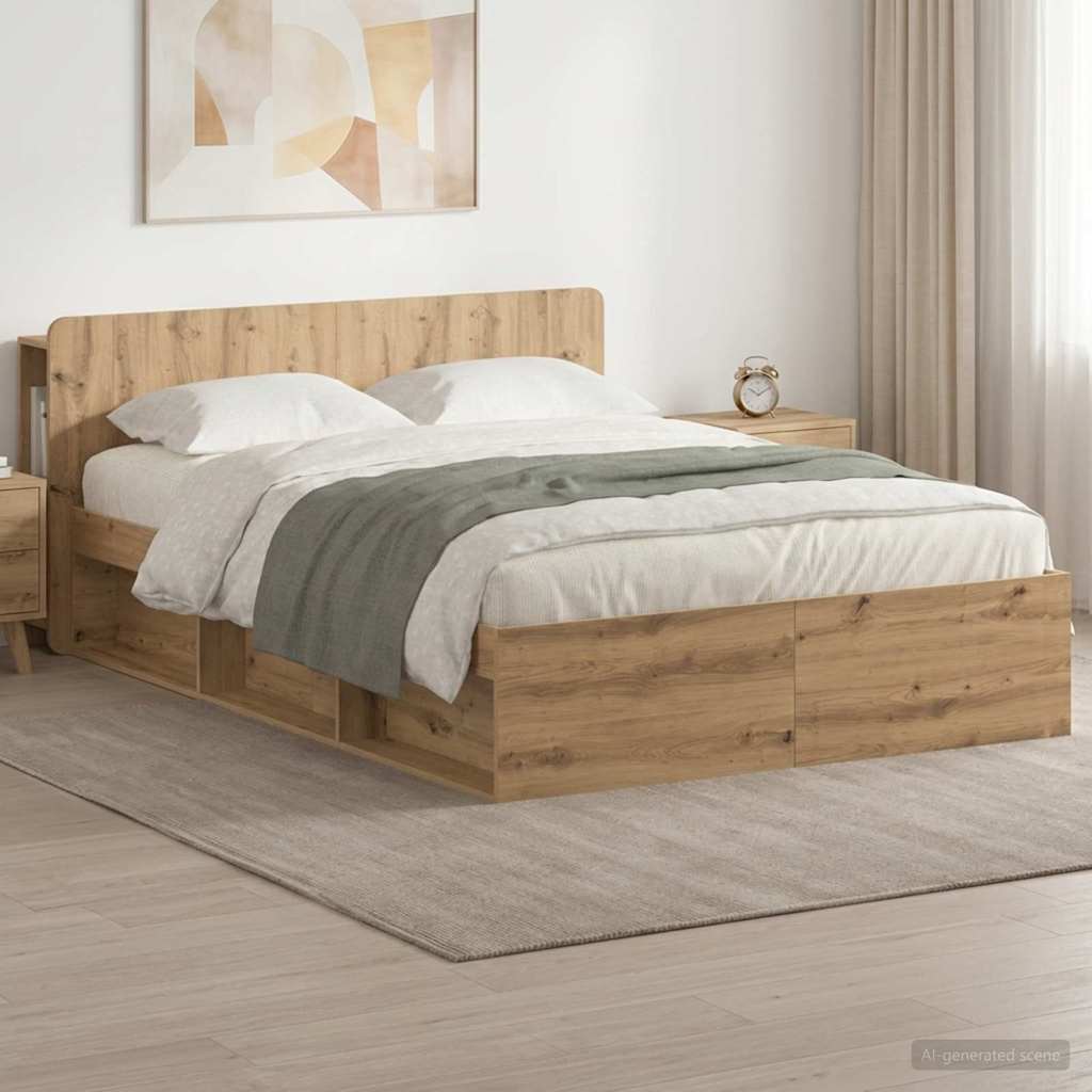 Bedframe met opslag Artisanaal eiken 140 x 190 cm Bewerkt hout