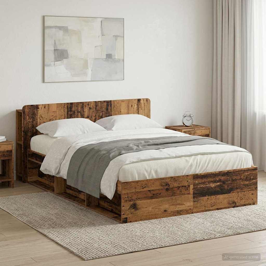 Bedframe met opslag Oud hout 140 x 200 cm Bewerkt hout – afbeelding 1