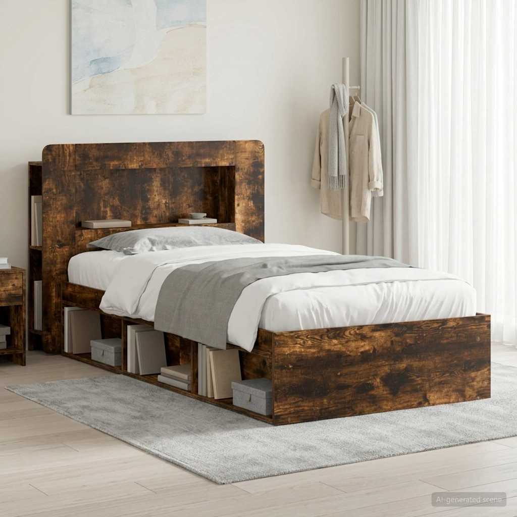 Bedframe met opslag Gerookt eiken 75 x 190 cm Bewerkt hout – afbeelding 1