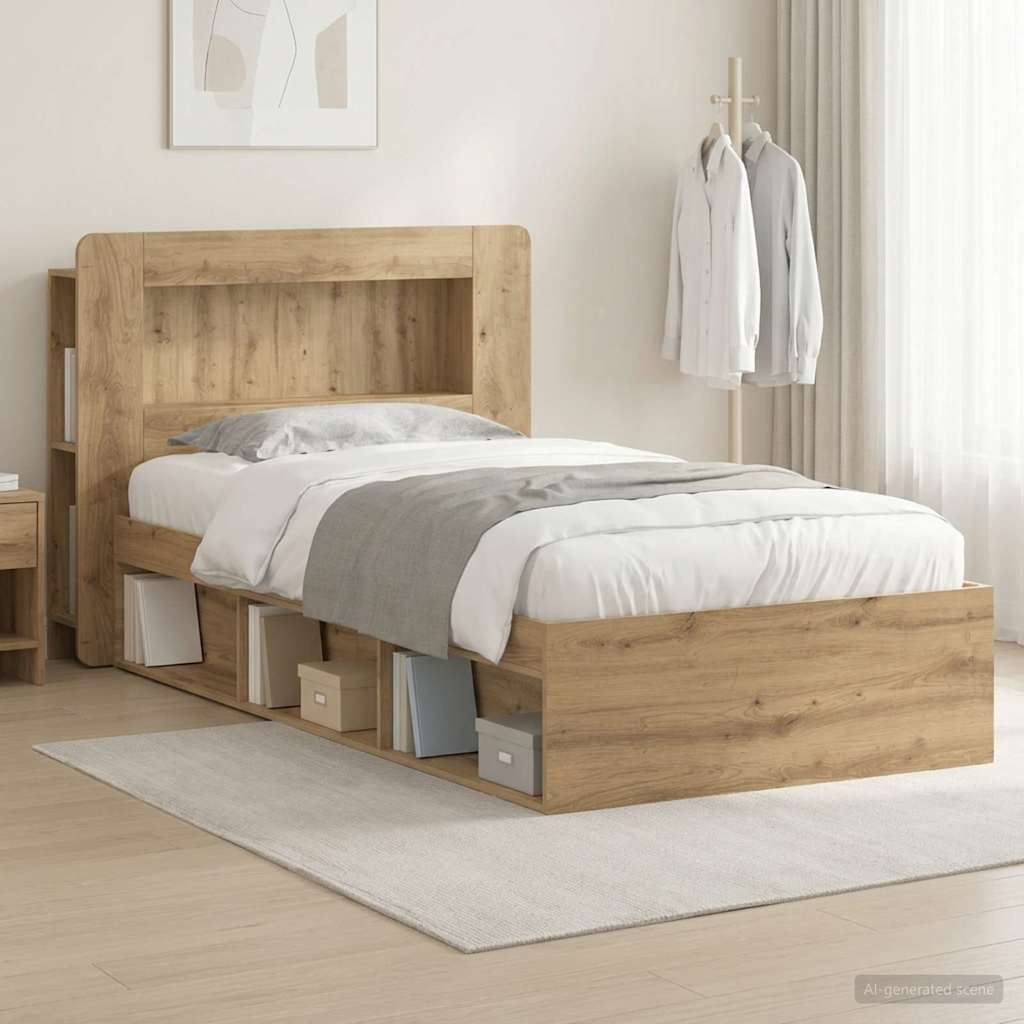 Bedframe met opslag Artisanaal eiken 90 x 190 cm Bewerkt hout