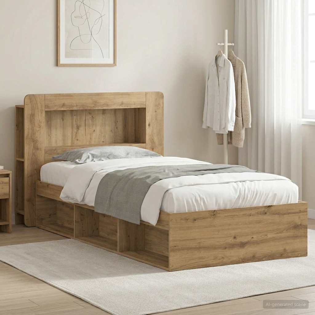 Bedframe met opslag Artisanaal eiken 100 x 200 cm Bewerkt hout