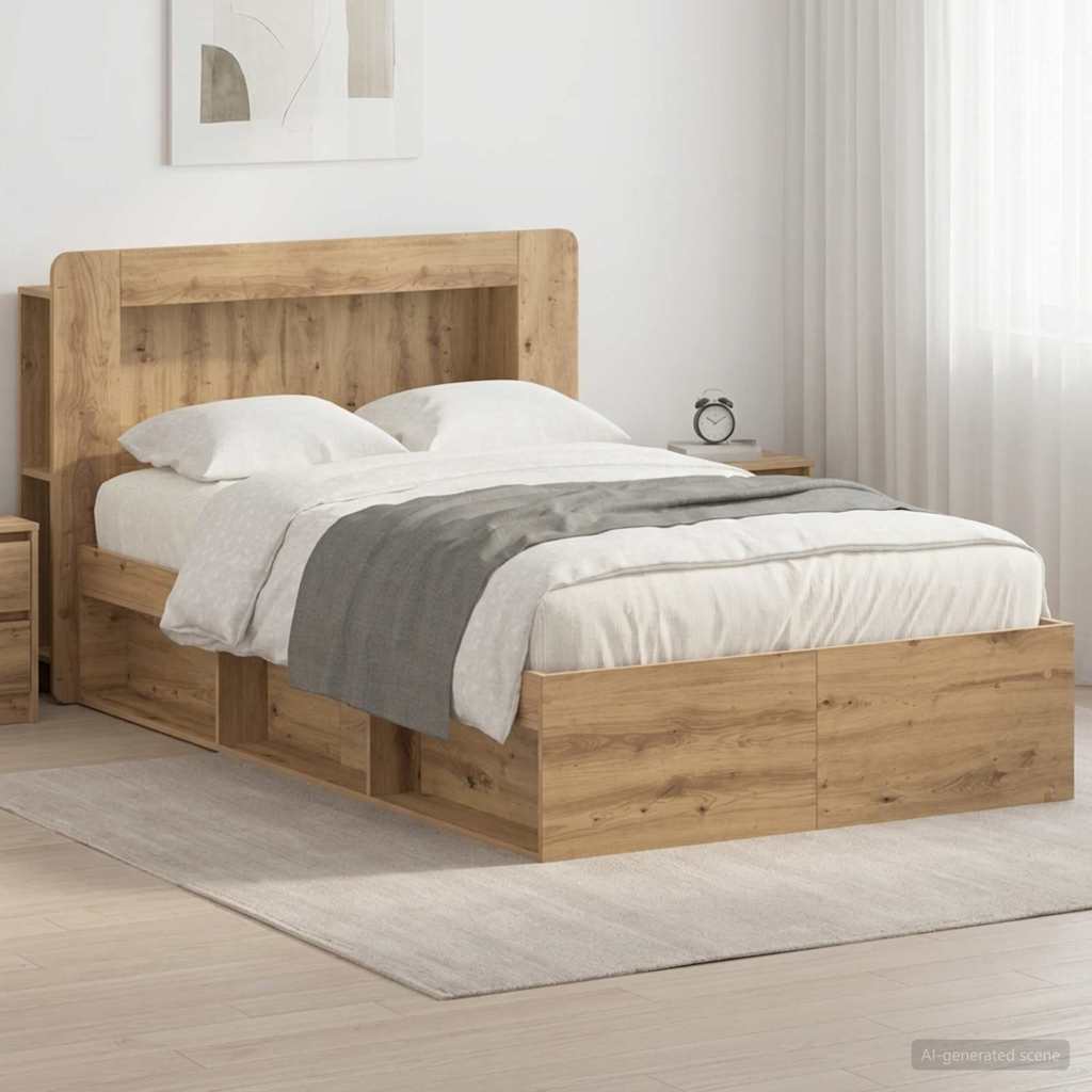 Bedframe met opslag Artisanaal eiken 120 x 190 cm Bewerkt hout