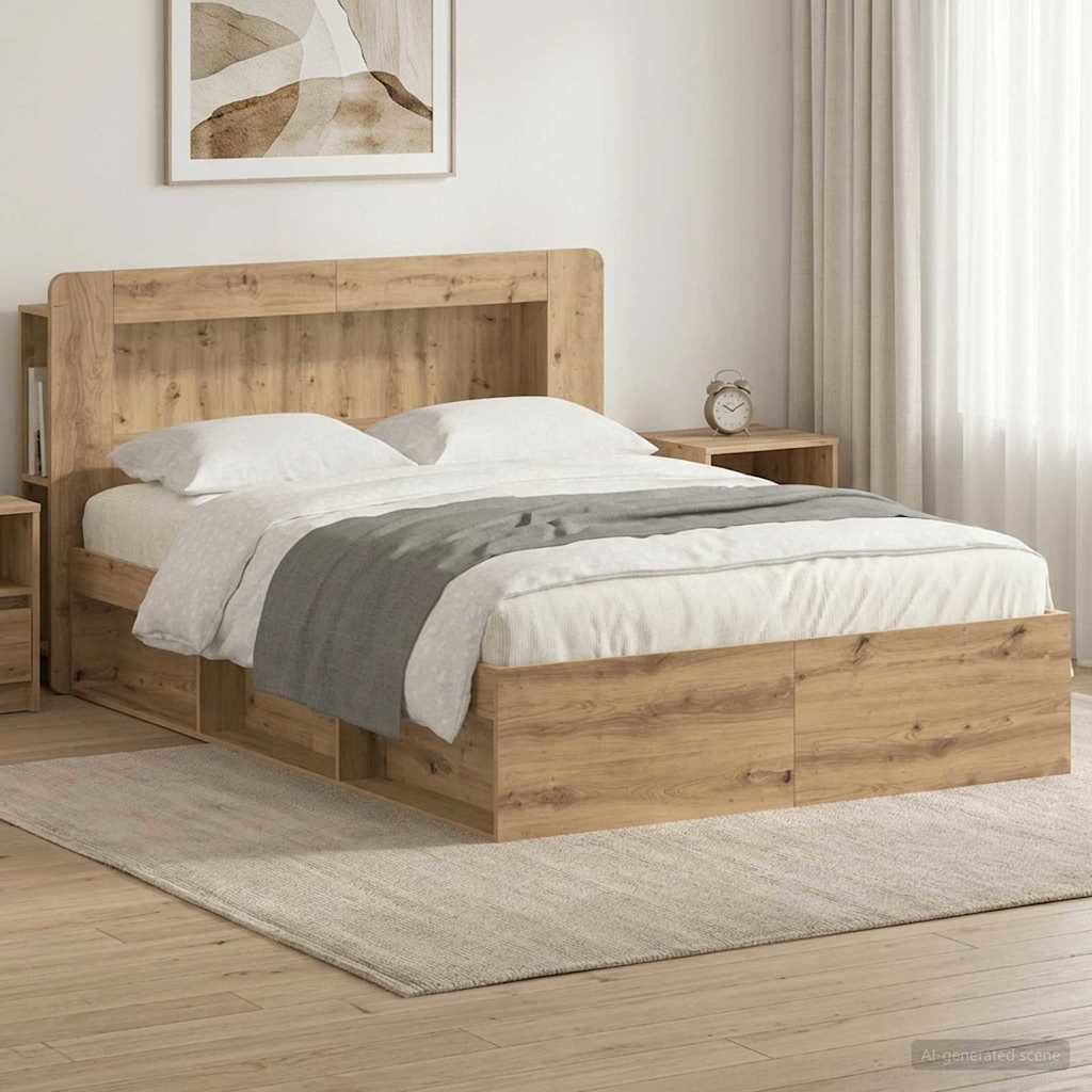 Bedframe met opslag Artisanaal eiken 135 x 190 cm Bewerkt hout