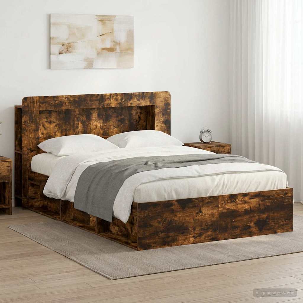 Bedframe met opslag Gerookt eiken 140 x 190 cm Bewerkt hout