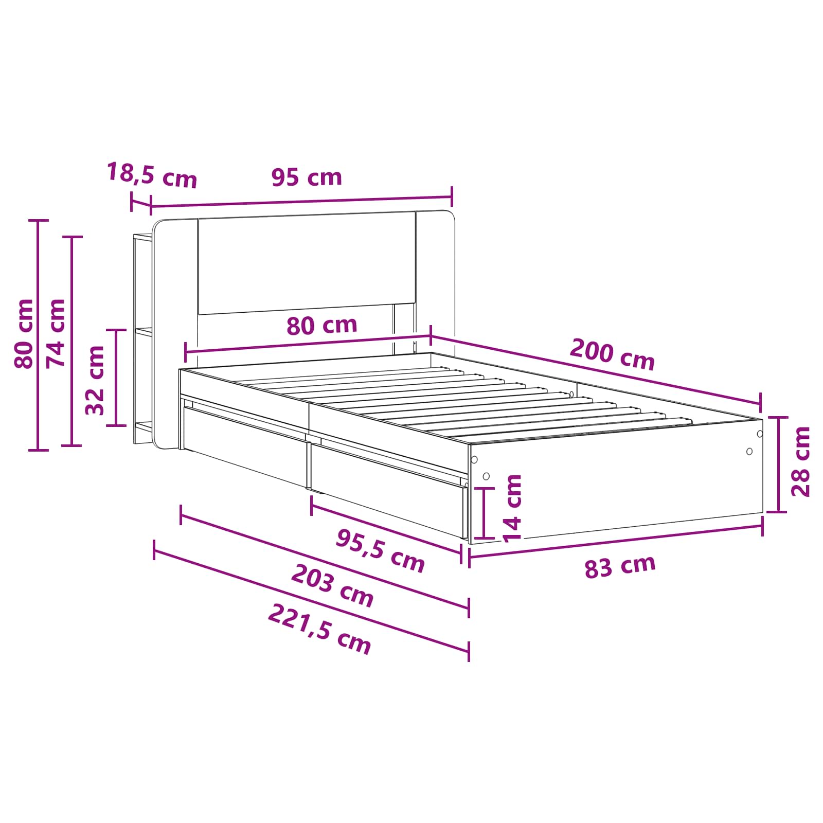 Bedframe met opslag met lade Wit 80 x 200 cm Bewerkt hout – afbeelding 9