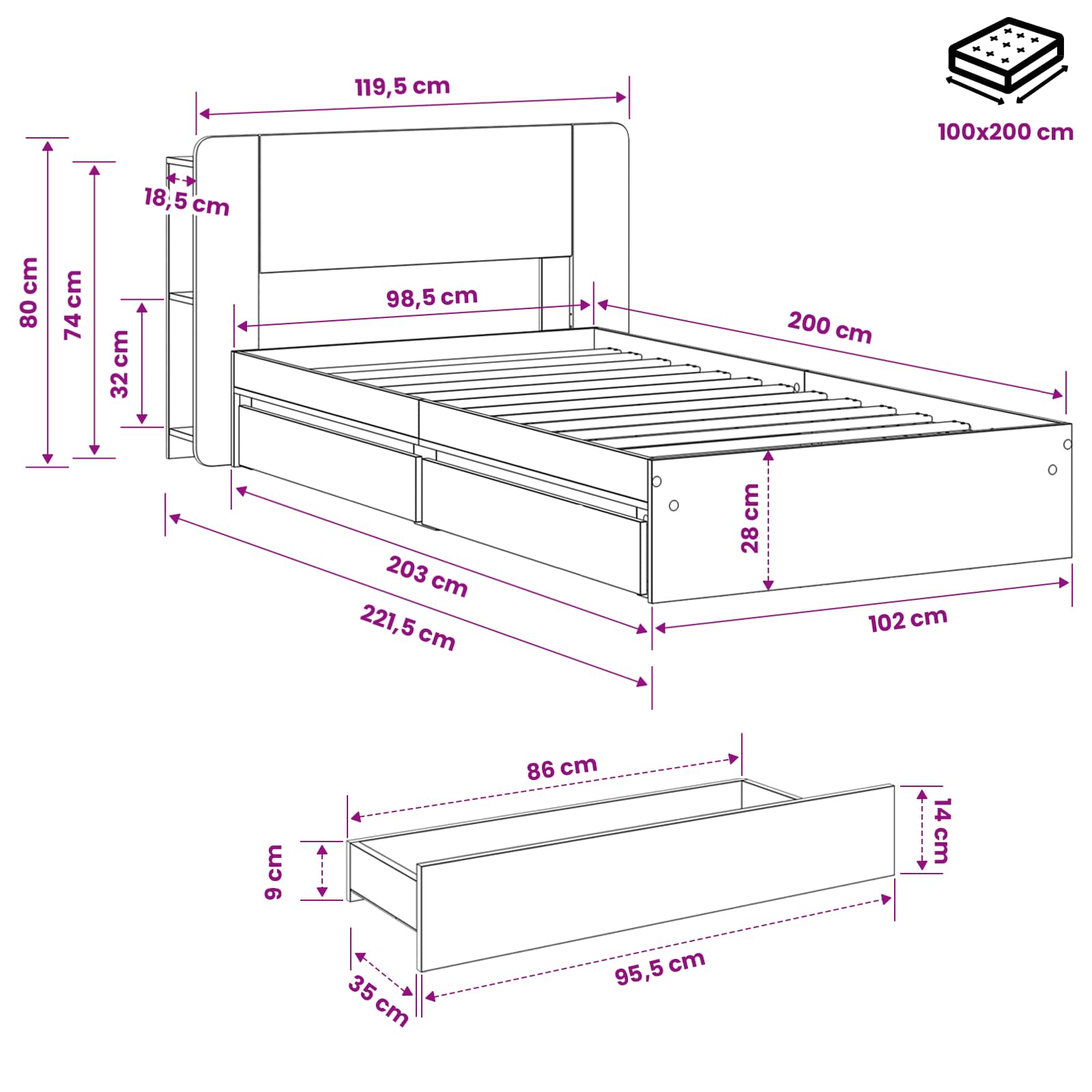 Bedframe met opslag met lade Zwart 100 x 200 cm Bewerkt hout – afbeelding 10