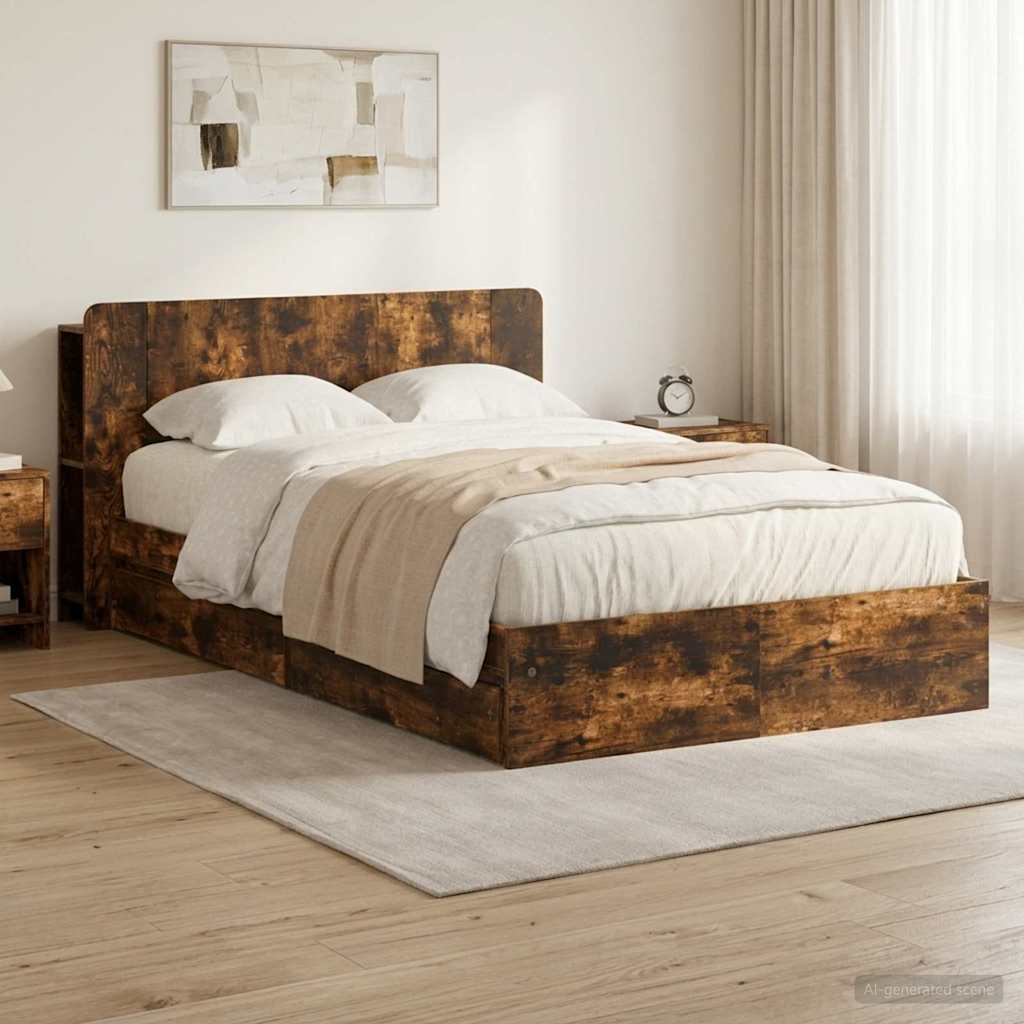 Bedframe met opslag Gerookt eiken 120 x 200 cm Bewerkt hout – afbeelding 1