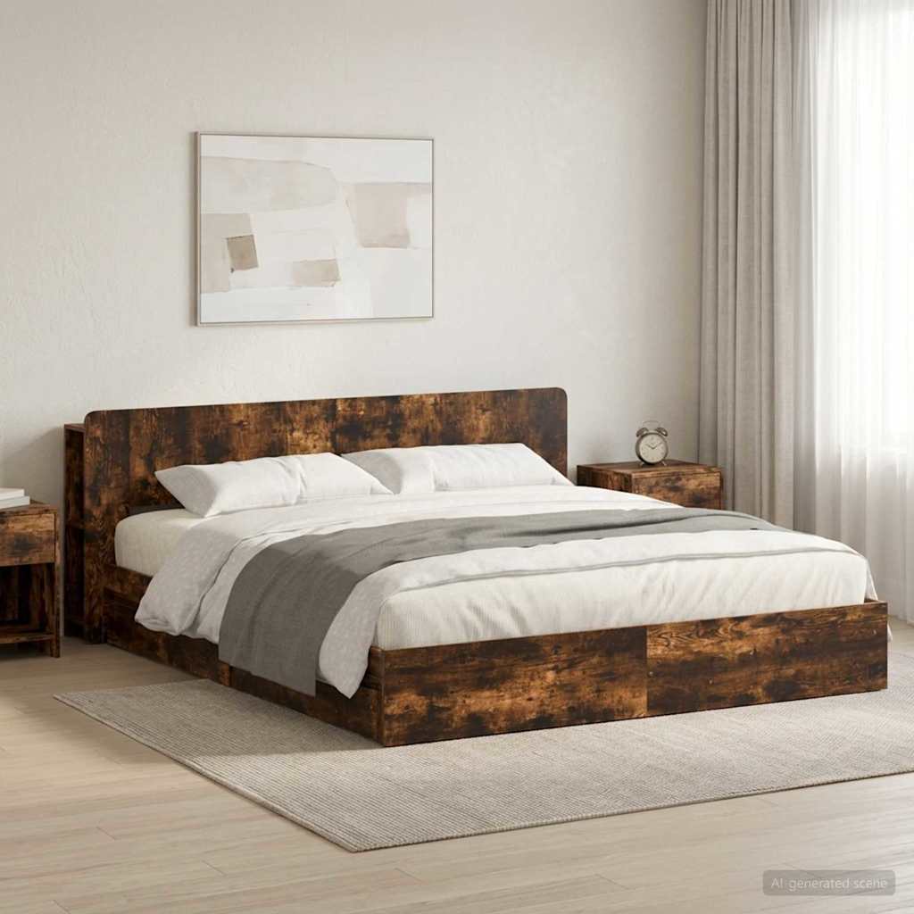 Bedframe met opslag Gerookt eiken 180 x 200 cm Bewerkt hout – afbeelding 1