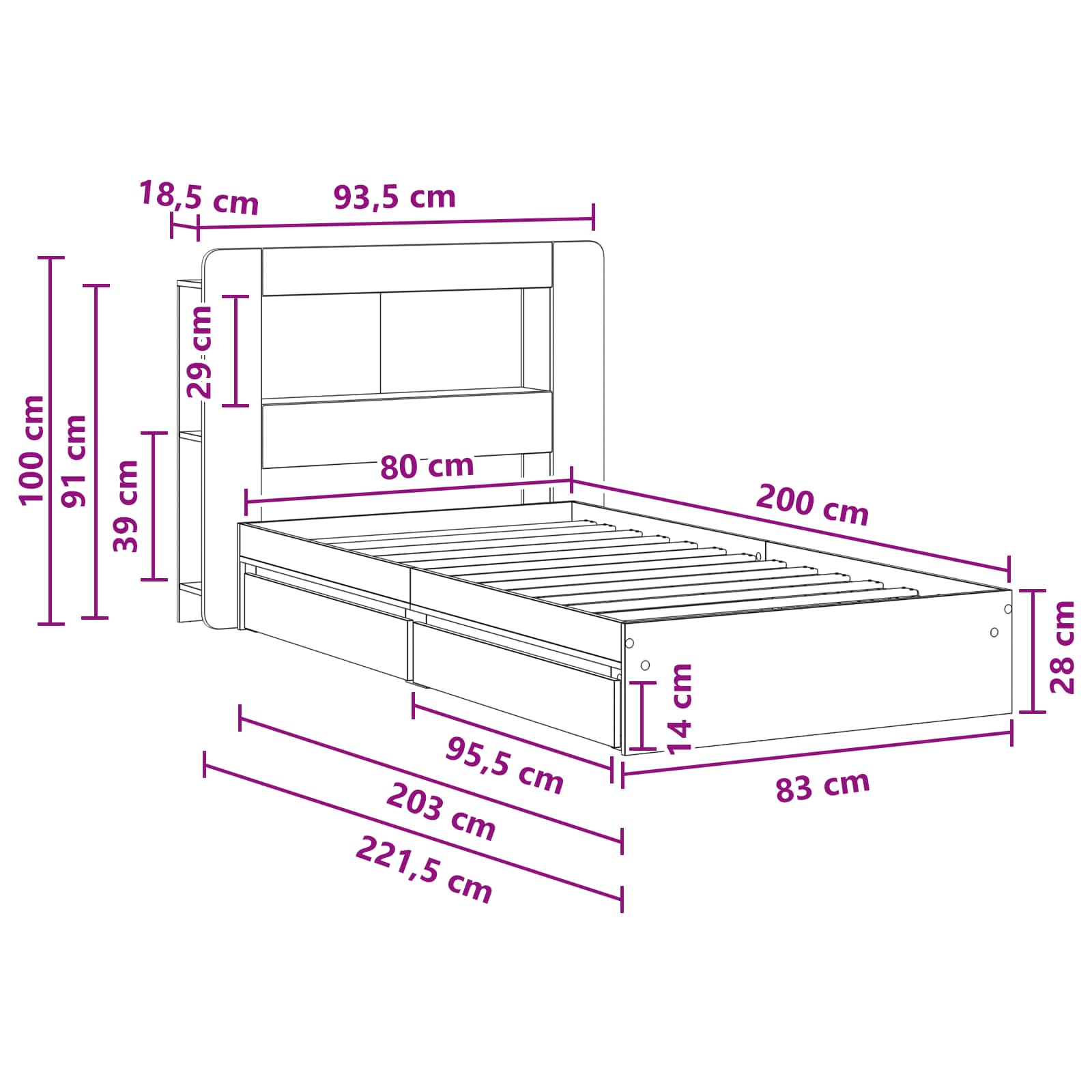 Bedframe met opslag met lade Wit 80 x 200 cm Bewerkt hout – afbeelding 10